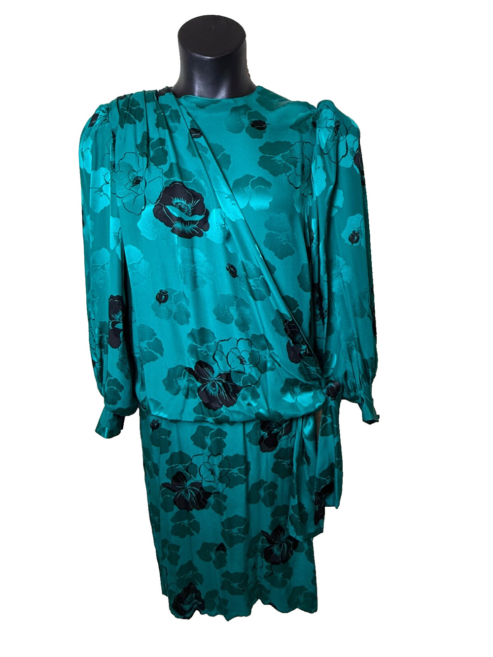 Silk Drape Dress Vtg 80's Golden Girls Teal Green Sz 8 Francesca Damon AMAZING